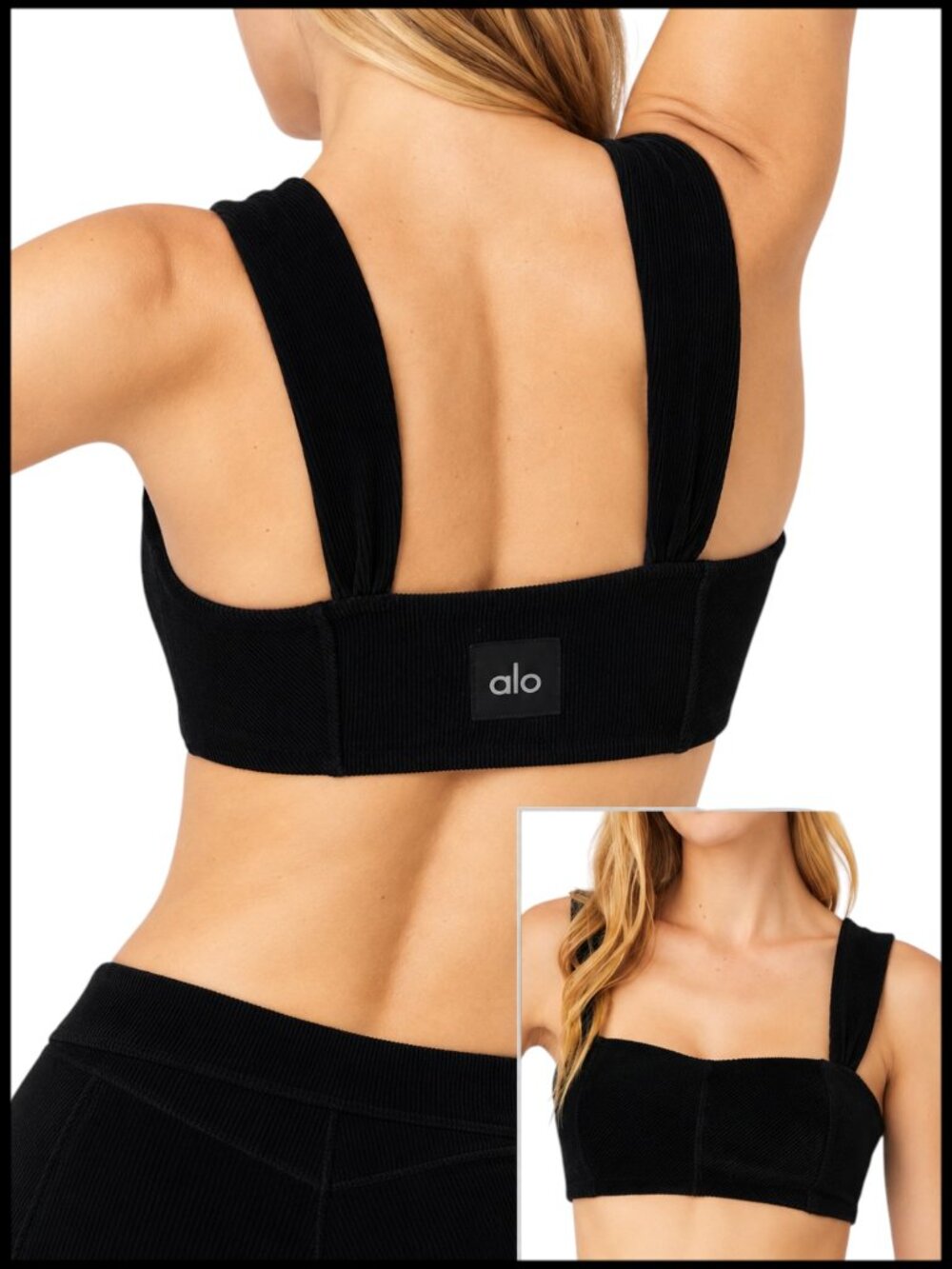 Alo Yoga Winter Break Bra Black Micro Corduroy Sweetheart Neck XS